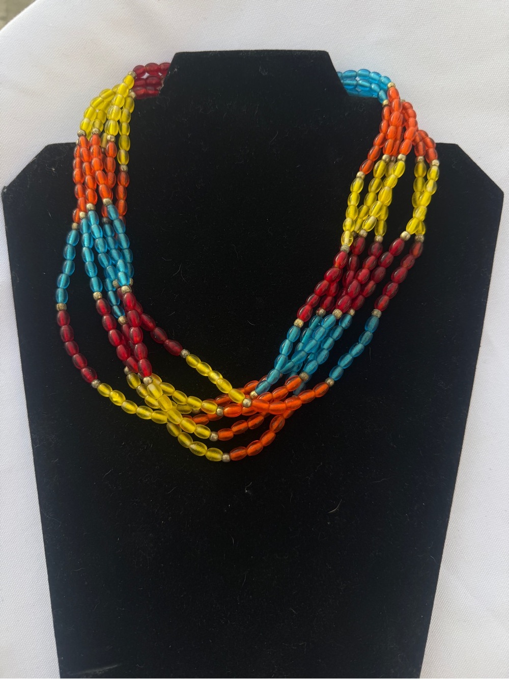 Vintage Multistrand Bead Necklace in Yellow, Red, Orange & Blue